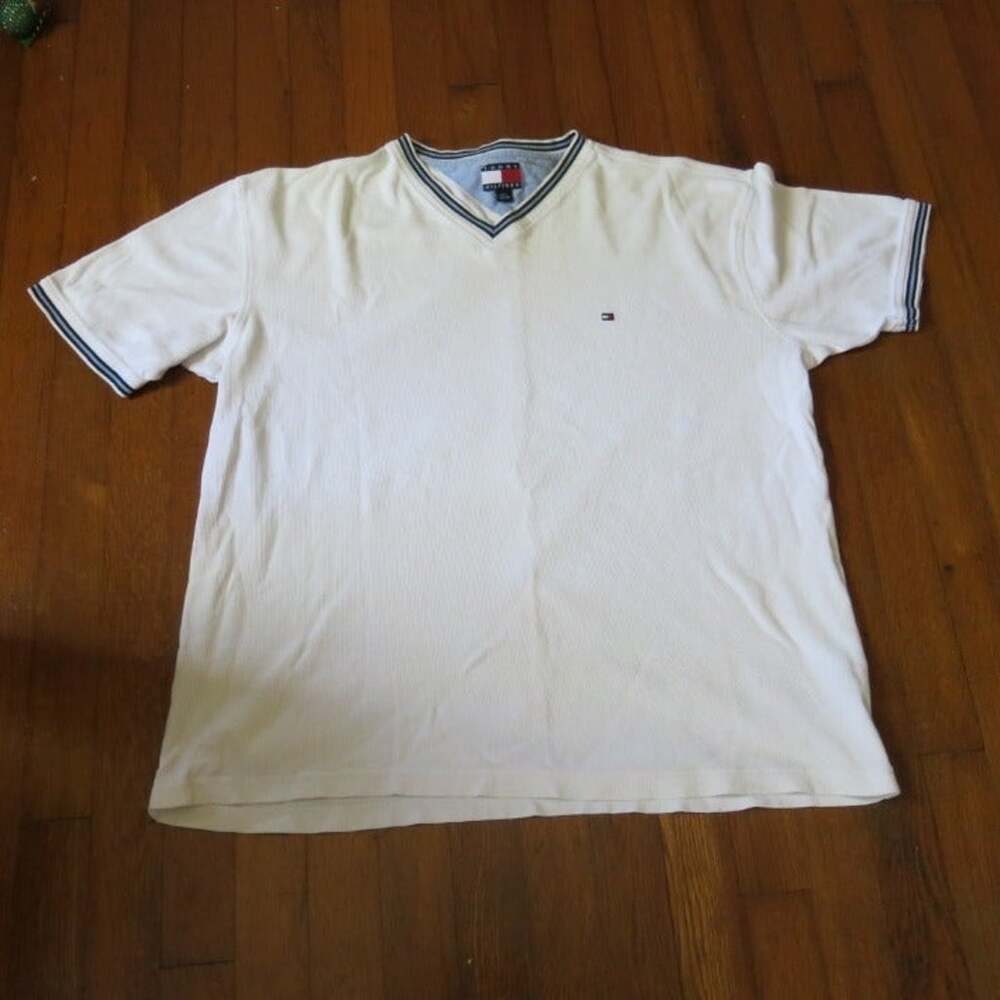 TOMMY HILFIGER V Neck Shirt Tennis Style Size L Men Short Sleeve Classic Preppy